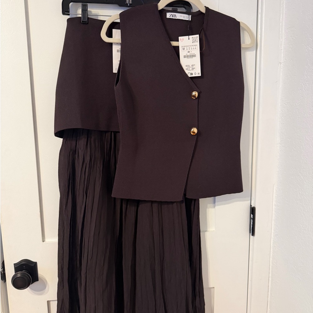 Zara Dark Brown Sleeveless Vest with Gold Buttons and matching skirt - Picture 1 of 6